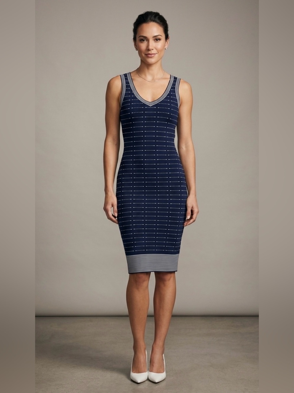 Revolve | John + Jenn Navy Blue Striped Knit Bodycon Midi Dress - Size S